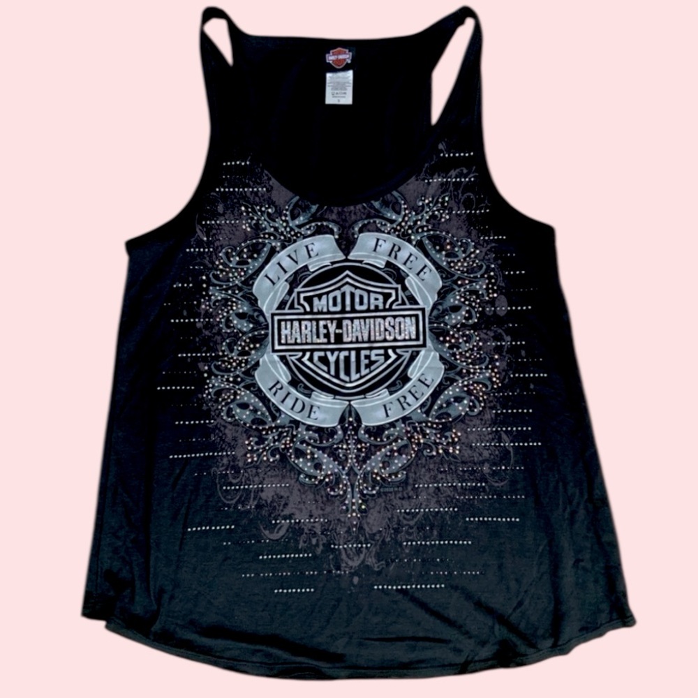 Vintage Y2K HARLEY DAVIDSON Bedazzled Women’s Black Tank Top Size Small/Medium